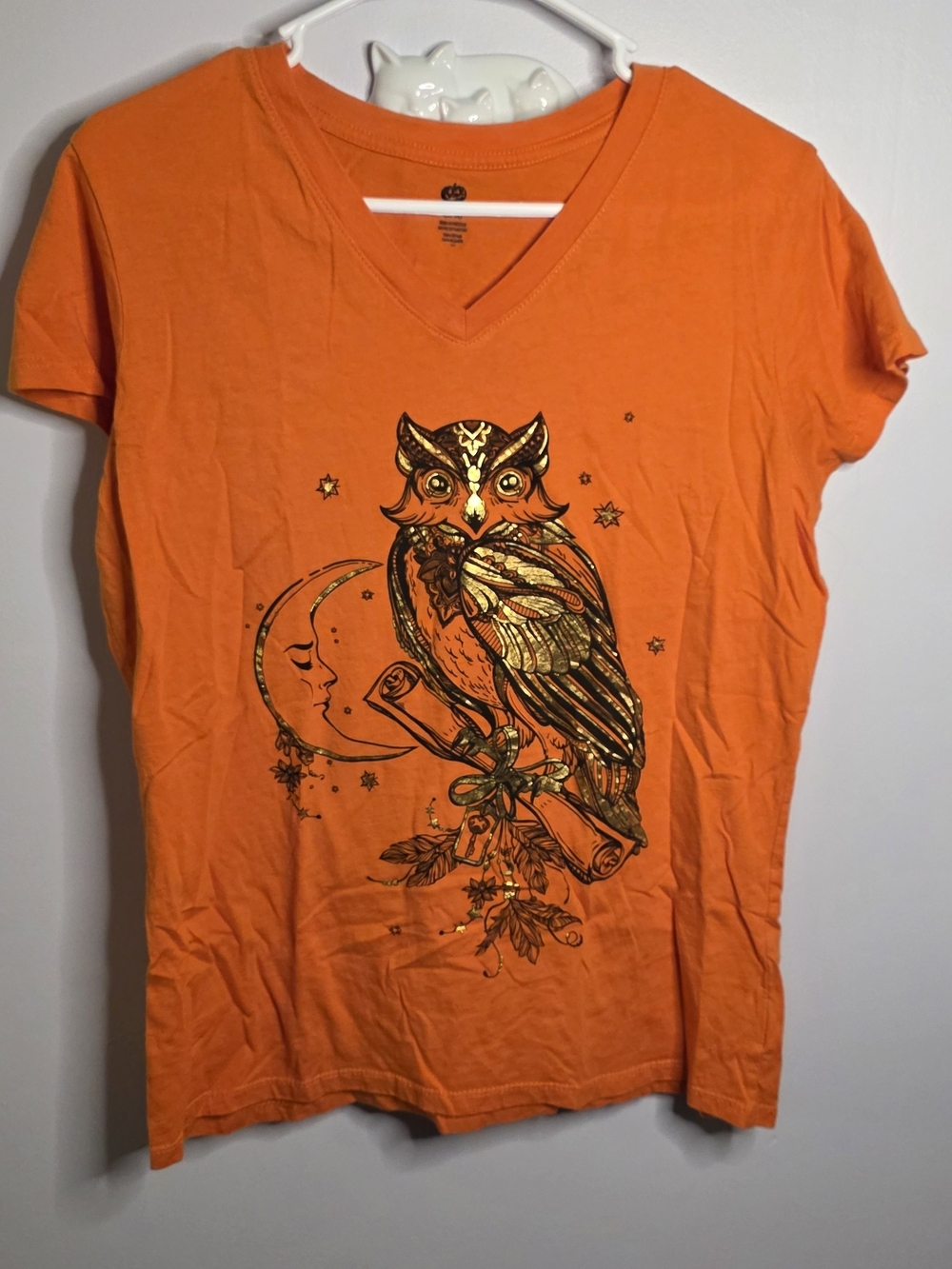 Women's Orange Halloween Fall V-Neck Owl Graphic Tee Sz L